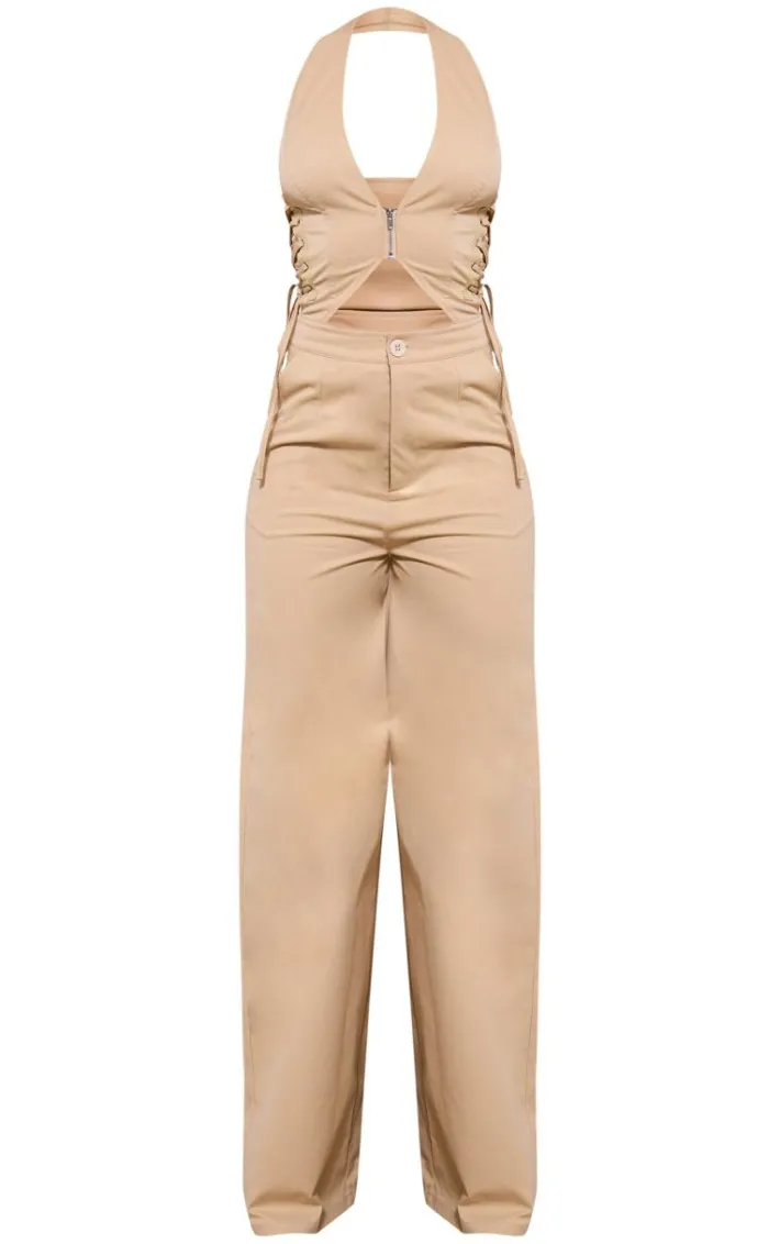 Stone Woven Halter Zip Detail Lace Up Jumpsuit
