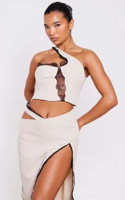Online PrettyLittleThing Woven Lace Trim One Shoulder Asymmetric Hem Corset Stone