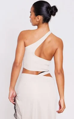 Online PrettyLittleThing Woven Lace Trim One Shoulder Asymmetric Hem Corset Stone