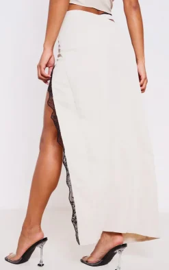 Best PrettyLittleThing Woven Lace Trim Waist Cut Out Split Midaxi Skirt Stone
