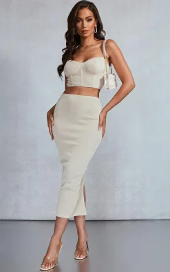 Best PrettyLittleThing Woven Micro Plisse Strappy Corset Top Stone