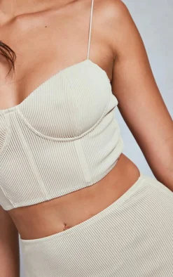 Best PrettyLittleThing Woven Micro Plisse Strappy Corset Top Stone