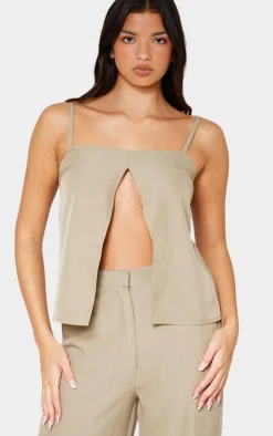 Best PrettyLittleThing Woven Open Front Cami Top Stone