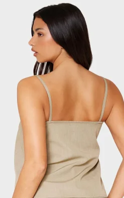 Best PrettyLittleThing Woven Open Front Cami Top Stone