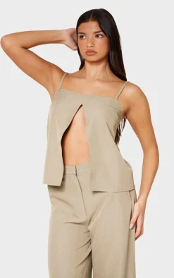 Best PrettyLittleThing Woven Open Front Cami Top Stone