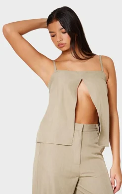 Best PrettyLittleThing Woven Open Front Cami Top Stone