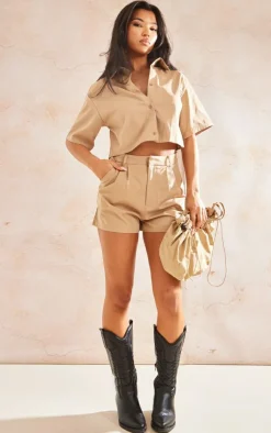 Sale PrettyLittleThing Woven Oversized Tailored High Waist Shorts Stone