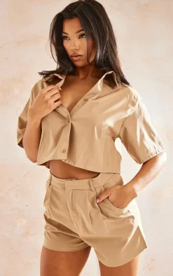Sale PrettyLittleThing Woven Oversized Tailored High Waist Shorts Stone