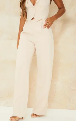 Sale PrettyLittleThing Woven Pleat Detail Wide Leg Pants Stone