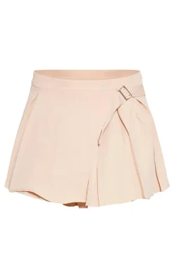 New PrettyLittleThing Woven Pleated Buckle Front Micro Mini Skirt Stone