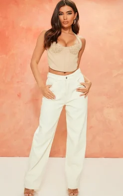 Stone Woven Ruched Bust Boned Halter Neck Crop Top