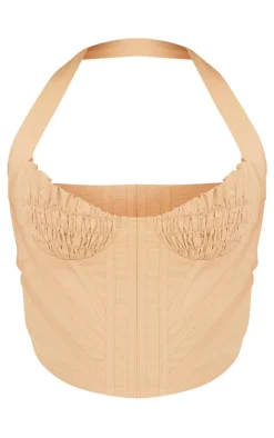 Stone Woven Ruched Bust Boned Halter Neck Crop Top