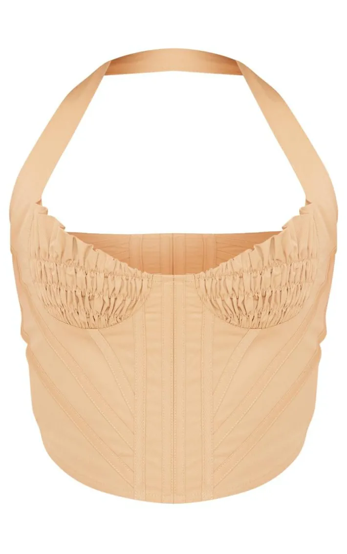 Stone Woven Ruched Bust Boned Halter Neck Crop Top