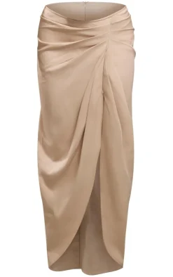 PrettyLittleThing Woven Ruched Skirt Midaxi Skirt Stone
