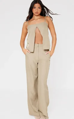 Hot PrettyLittleThing Woven Straight Leg Pants Stone