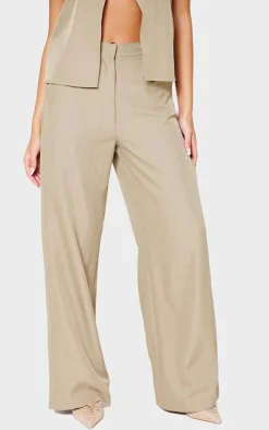 Hot PrettyLittleThing Woven Straight Leg Pants Stone