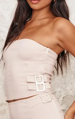 Hot PrettyLittleThing Woven Stretch Tailored Bandeau Buckle Top Stone