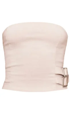 Hot PrettyLittleThing Woven Stretch Tailored Bandeau Buckle Top Stone