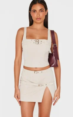 Best PrettyLittleThing Woven Tailored Belt Detail Crop Top Stone