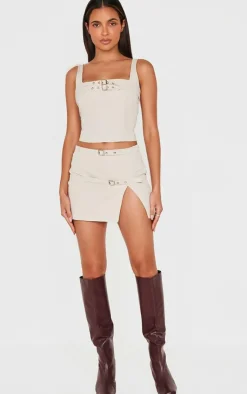 Best PrettyLittleThing Woven Tailored Belt Detail Crop Top Stone