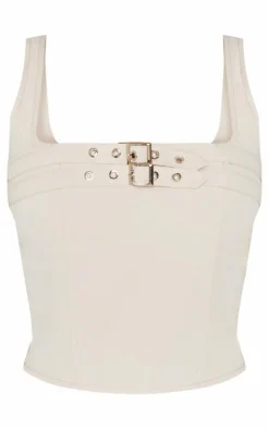 Best PrettyLittleThing Woven Tailored Belt Detail Crop Top Stone