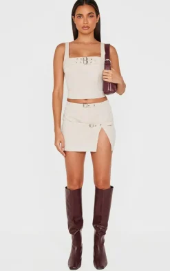 New PrettyLittleThing Woven Tailored Belt Detail Micro Mini Skirt Stone