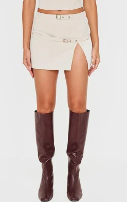 New PrettyLittleThing Woven Tailored Belt Detail Micro Mini Skirt Stone