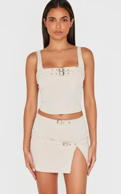 New PrettyLittleThing Woven Tailored Belt Detail Micro Mini Skirt Stone