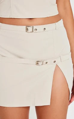 New PrettyLittleThing Woven Tailored Belt Detail Micro Mini Skirt Stone