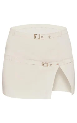 New PrettyLittleThing Woven Tailored Belt Detail Micro Mini Skirt Stone