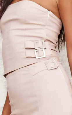 New PrettyLittleThing Woven Tailored Buckle Micro Mini Skirt Stone