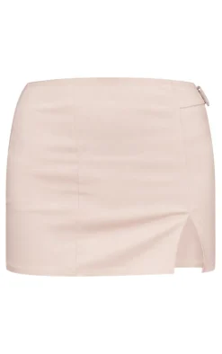 New PrettyLittleThing Woven Tailored Buckle Micro Mini Skirt Stone