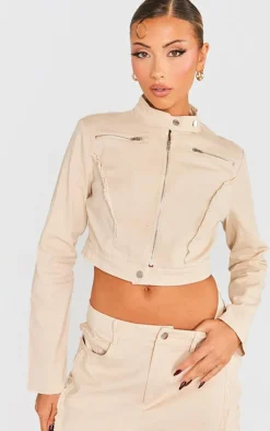 Online PrettyLittleThing Woven Twill Raw Edge Seam Detail Cropped Jacket Stone