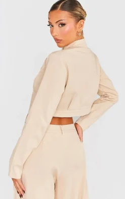 Online PrettyLittleThing Woven Twill Raw Edge Seam Detail Cropped Jacket Stone