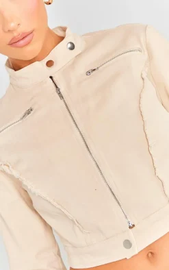 Online PrettyLittleThing Woven Twill Raw Edge Seam Detail Cropped Jacket Stone