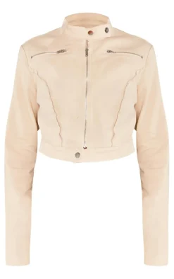 Online PrettyLittleThing Woven Twill Raw Edge Seam Detail Cropped Jacket Stone