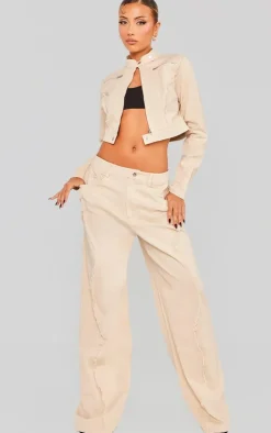 New PrettyLittleThing Woven Twill Raw Edge Seam Detail Straight Leg Pants Stone