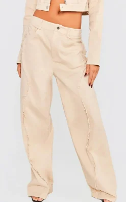 New PrettyLittleThing Woven Twill Raw Edge Seam Detail Straight Leg Pants Stone