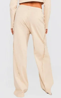 New PrettyLittleThing Woven Twill Raw Edge Seam Detail Straight Leg Pants Stone