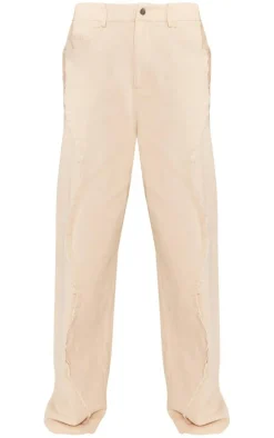 New PrettyLittleThing Woven Twill Raw Edge Seam Detail Straight Leg Pants Stone