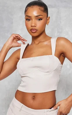 Sale PrettyLittleThing Woven Underbust Seam Top Stone