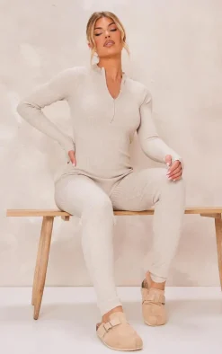 PrettyLittleThing Knitted Loungewear*Zip Detail Knitted Jumpsuit