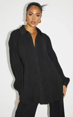 New PrettyLittleThing Tall Plisse Oversized Cuff Detail Shirt Black