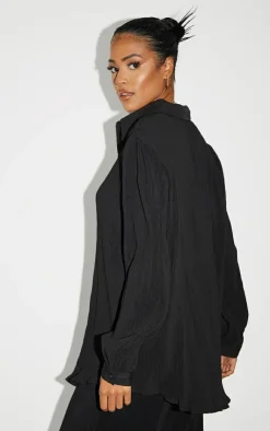 New PrettyLittleThing Tall Plisse Oversized Cuff Detail Shirt Black