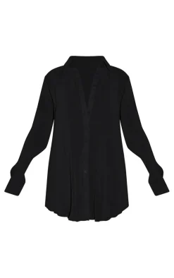 New PrettyLittleThing Tall Plisse Oversized Cuff Detail Shirt Black