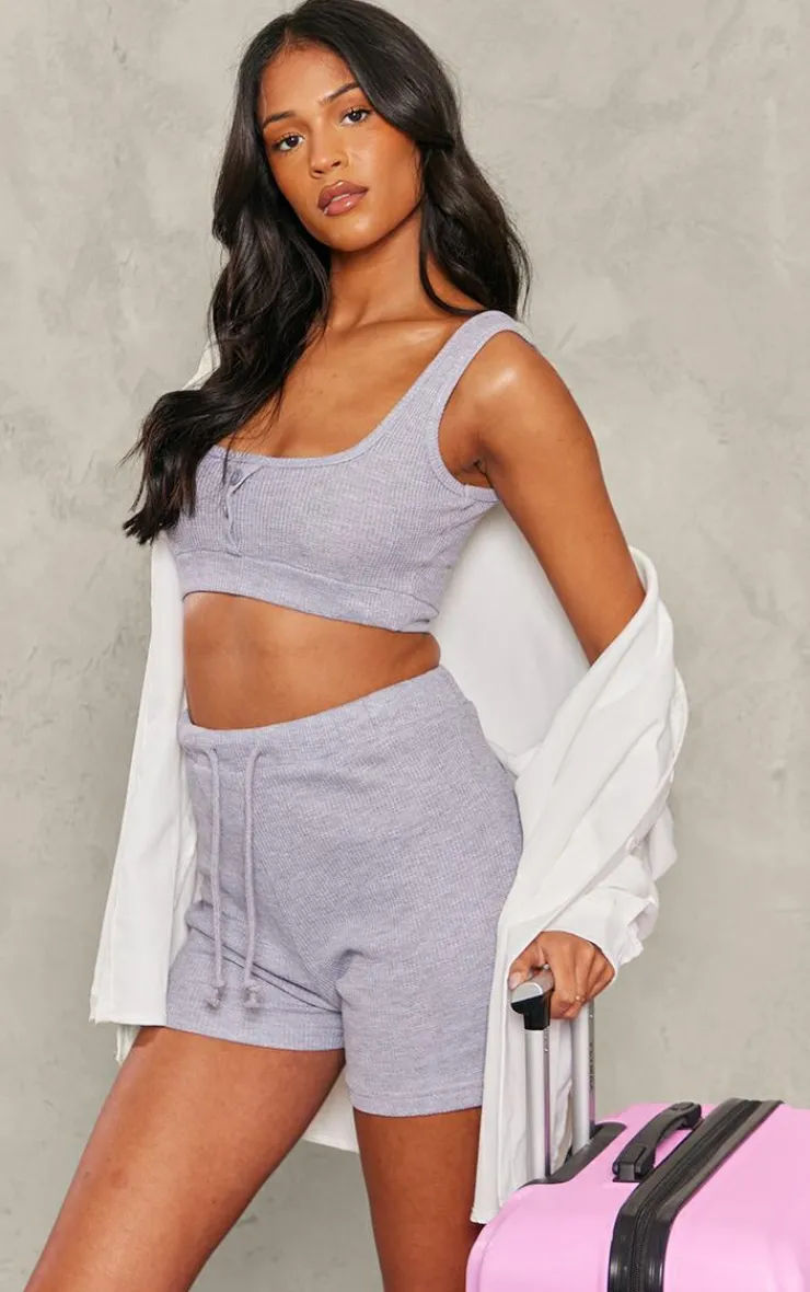 PrettyLittleThing Tall Waffle Textured Button Up Crop Top Ash Grey