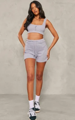 PrettyLittleThing Tall Waffle Textured Button Up Crop Top Ash Grey