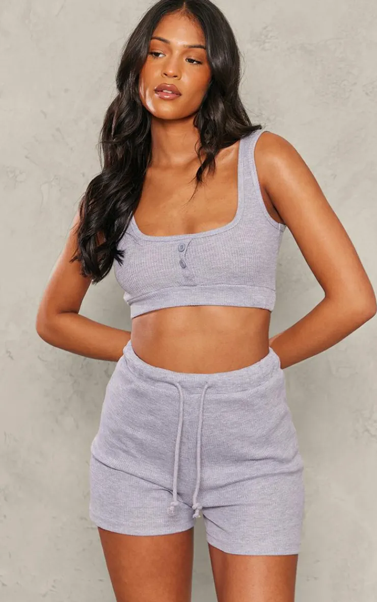 PrettyLittleThing Tall Waffle Textured Button Up Crop Top Ash Grey