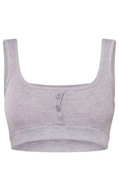 PrettyLittleThing Tall Waffle Textured Button Up Crop Top Ash Grey