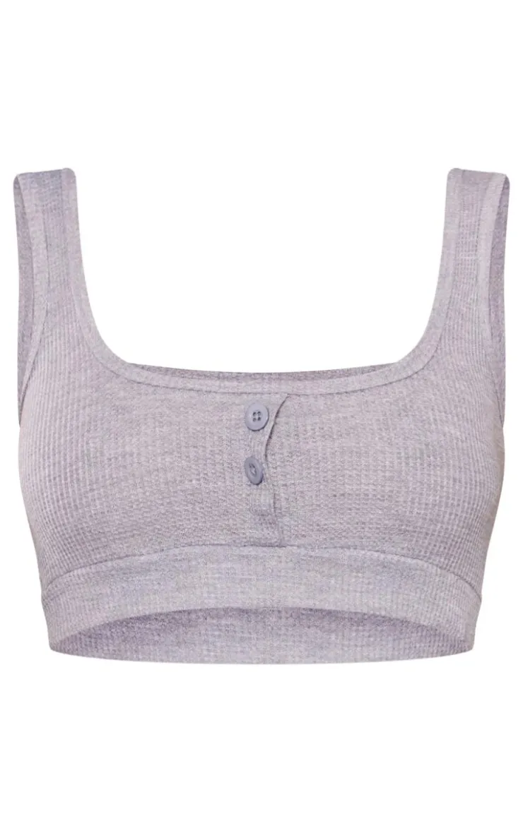 PrettyLittleThing Tall Waffle Textured Button Up Crop Top Ash Grey